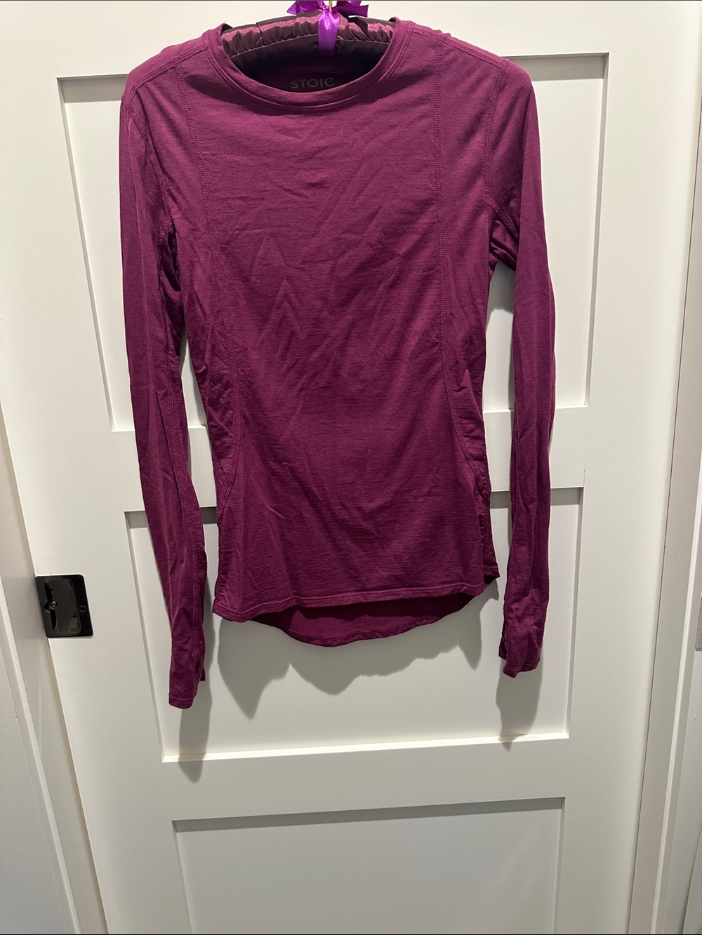 Women's Long Sleeve Crew Neck Top - Deep Plum; 85% wool; fitted size SM
